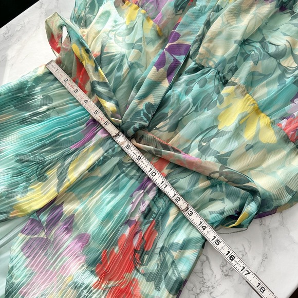 Alex‎ Marie Long Sleeve Green Floral Pleated Belted Midi Dress Women's Size 8 - Picture 11 of 12